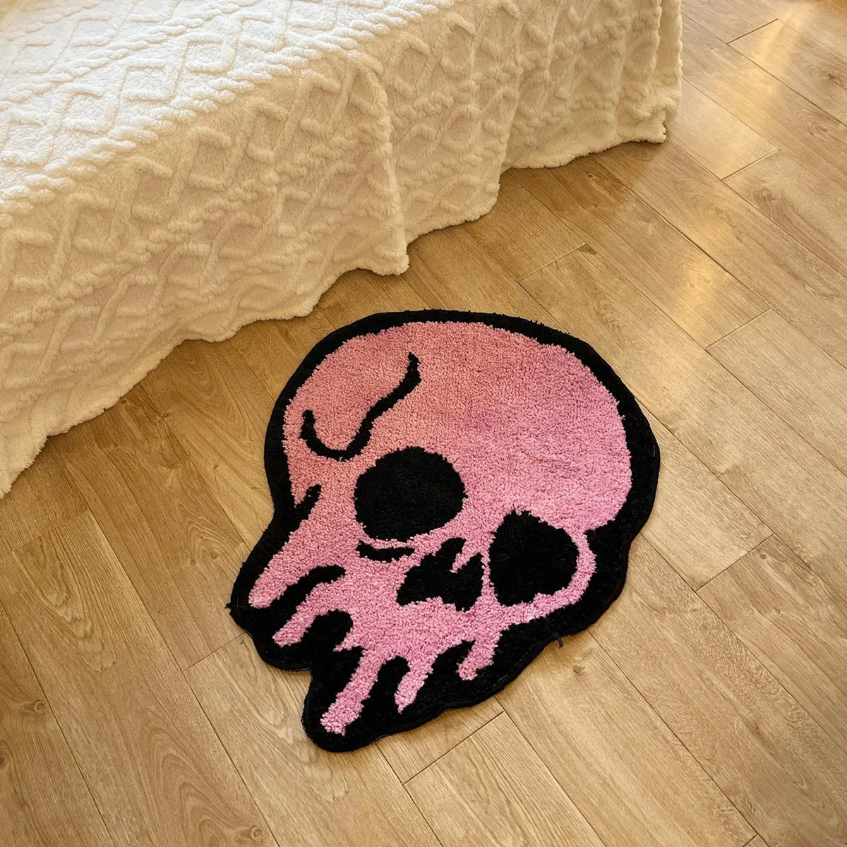 Skull Design Pink Tufted Rug | Soft Fluffy Cartoon Animal Mat for Bedroom Decor | Aesthetic Area Rug for Teens