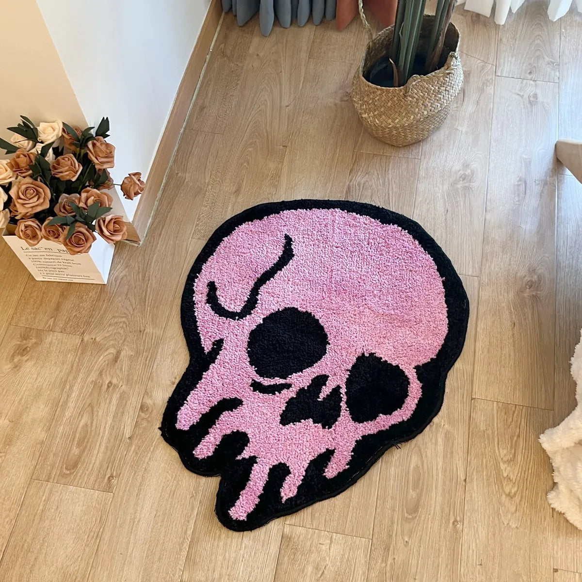 Skull Design Pink Tufted Rug | Soft Fluffy Cartoon Animal Mat for Bedroom Decor | Aesthetic Area Rug for Teens