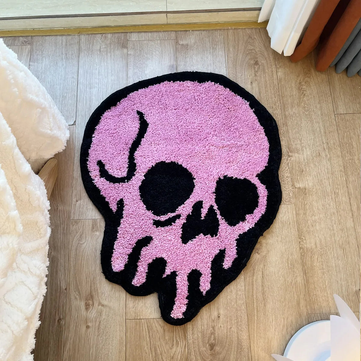 Skull Design Pink Tufted Rug | Soft Fluffy Cartoon Animal Mat for Bedroom Decor | Aesthetic Area Rug for Teens