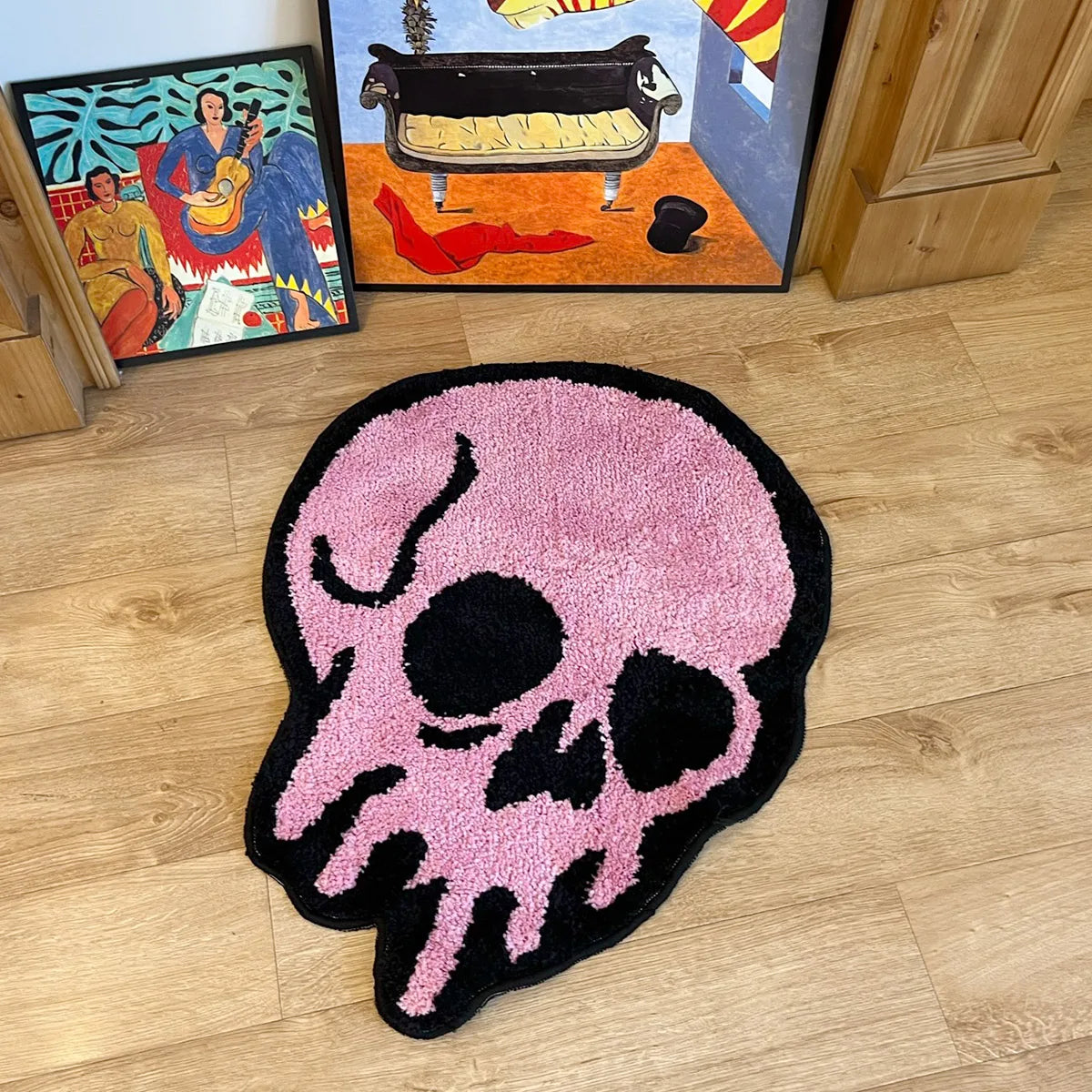Skull Design Pink Tufted Rug | Soft Fluffy Cartoon Animal Mat for Bedroom Decor | Aesthetic Area Rug for Teens
