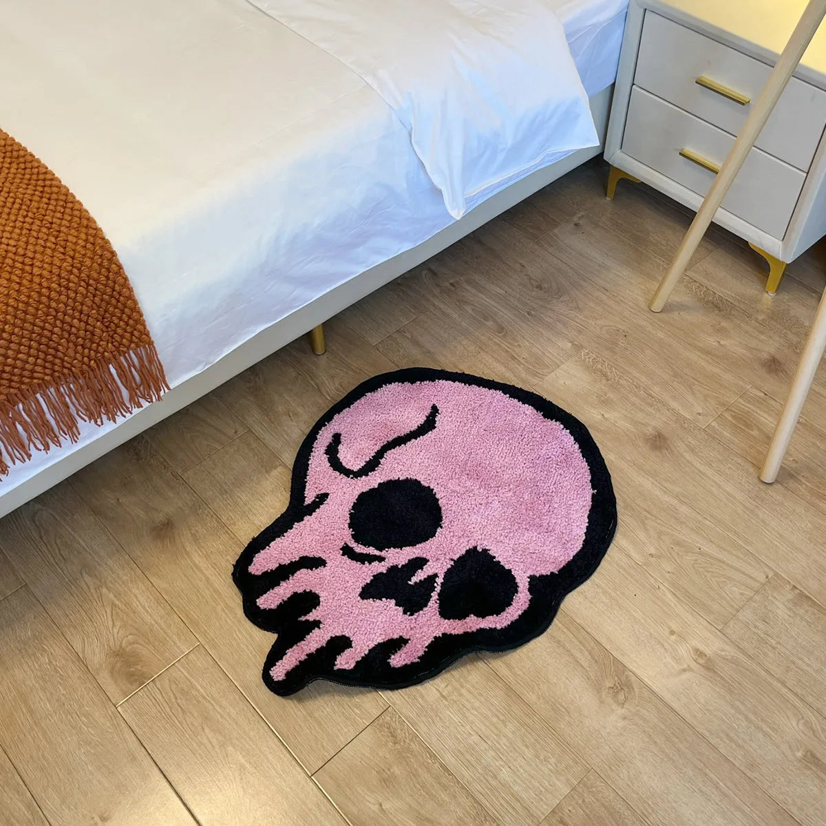 Skull Design Pink Tufted Rug | Soft Fluffy Cartoon Animal Mat for Bedroom Decor | Aesthetic Area Rug for Teens