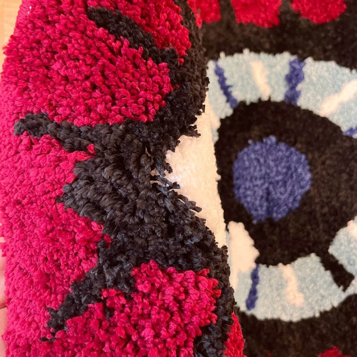 Red and Blue Tufted "Evil Eye" Rug - TheRugGuy
