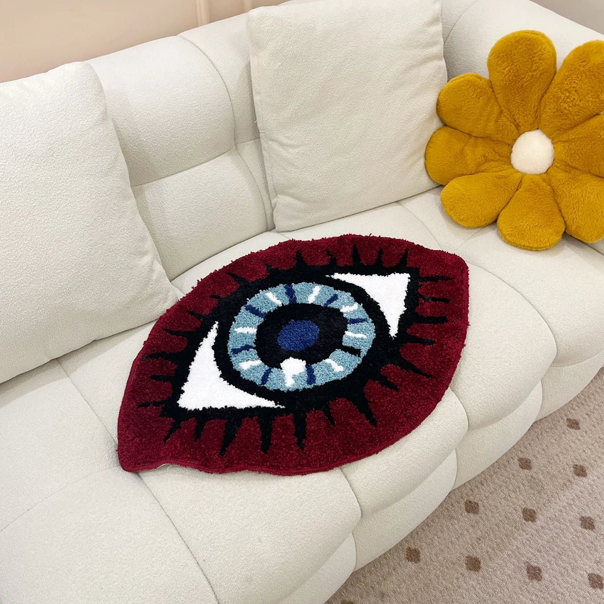 Red and Blue Tufted "Evil Eye" Rug - TheRugGuy