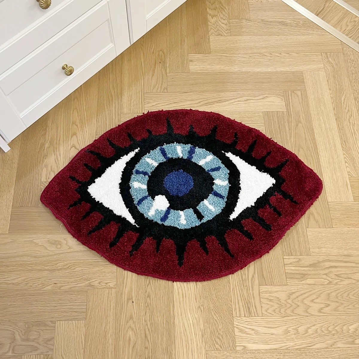 Red and Blue Tufted "Evil Eye" Rug - TheRugGuy