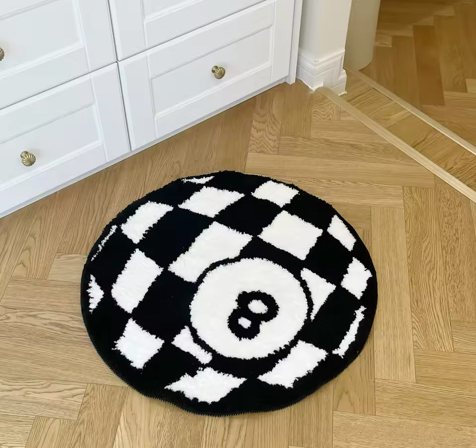 Tufted Black and White Checkered 8 Ball Rug