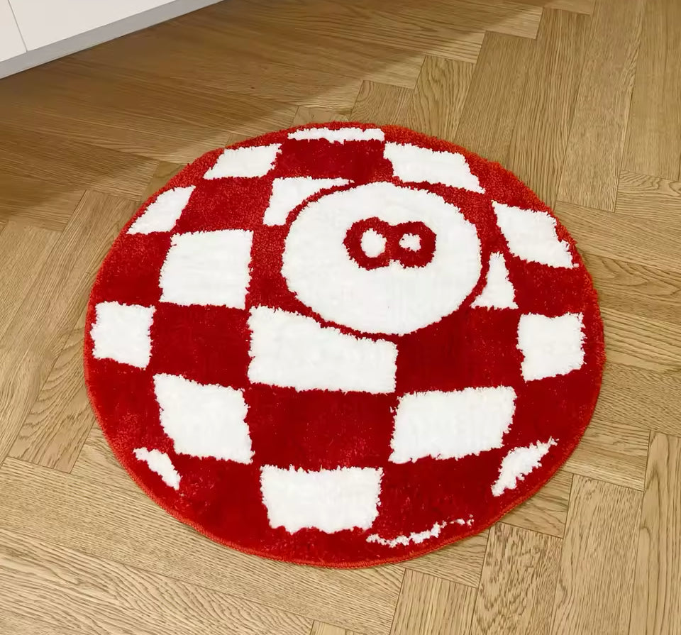 Tufted Red and White Checkered 8 Ball Rug