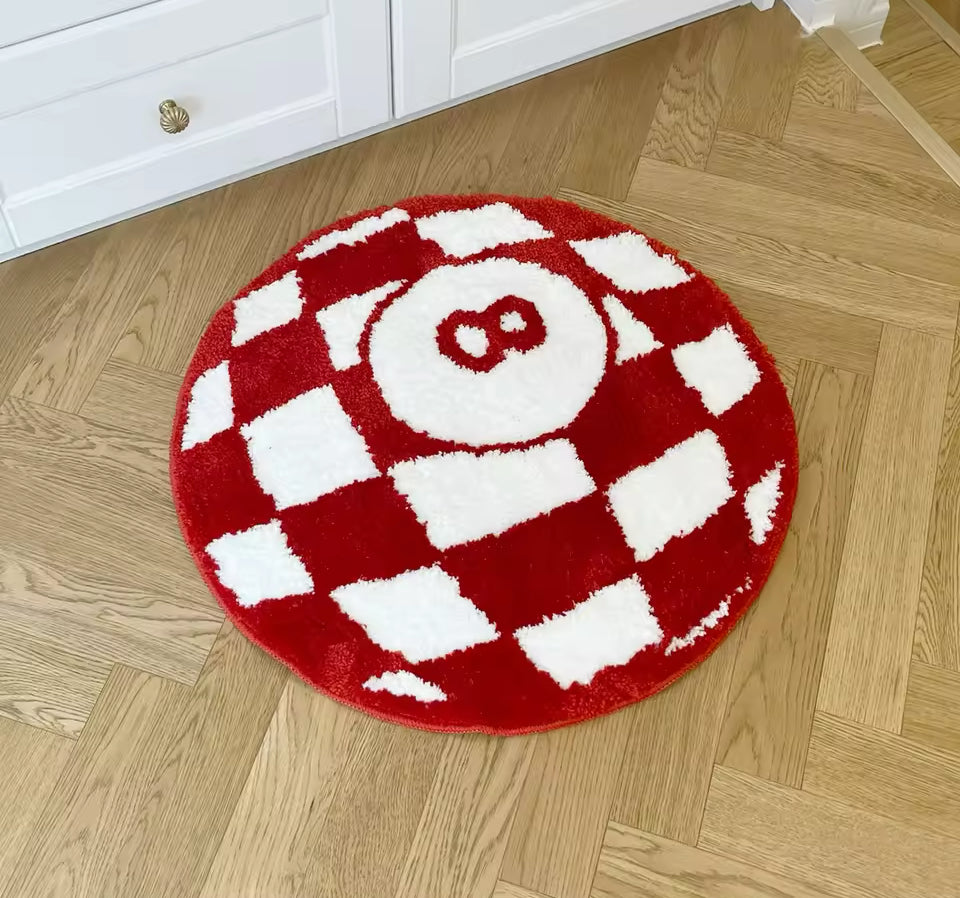 Tufted Red and White Checkered 8 Ball Rug