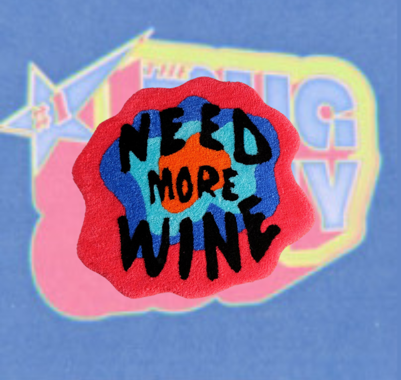 Red and Blue Tufted "Need More Wine" Quote Rug