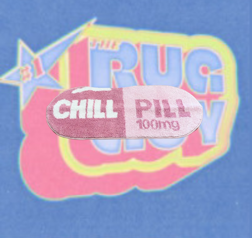 Pink and White Tufted Cartoon "Chill Pill" Rug