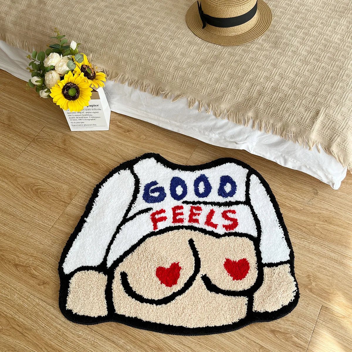 Cream and White Tufted "Cartoon Flashing Good Feels" Quote Rug - TheRugGuy