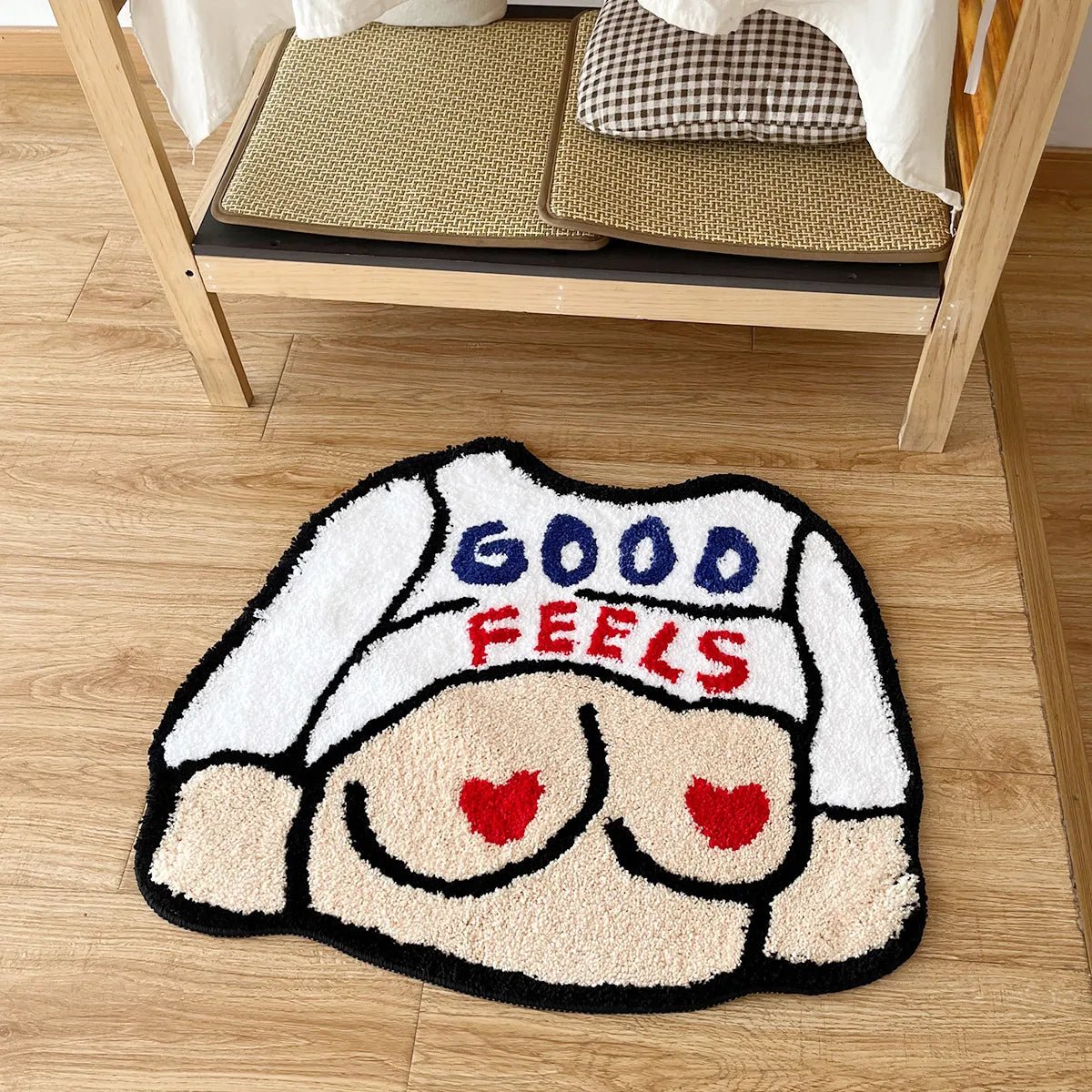 Cream and White Tufted "Cartoon Flashing Good Feels" Quote Rug - TheRugGuy