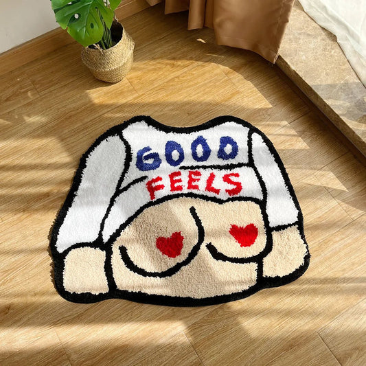 Cream and White Tufted "Cartoon Flashing Good Feels" Quote Rug - TheRugGuy