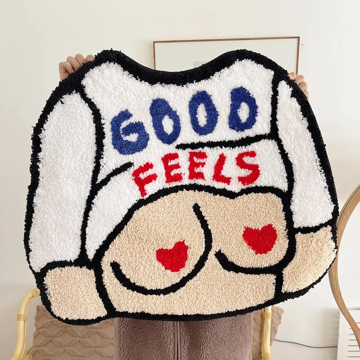 Cream and White Tufted "Cartoon Flashing Good Feels" Quote Rug - TheRugGuy