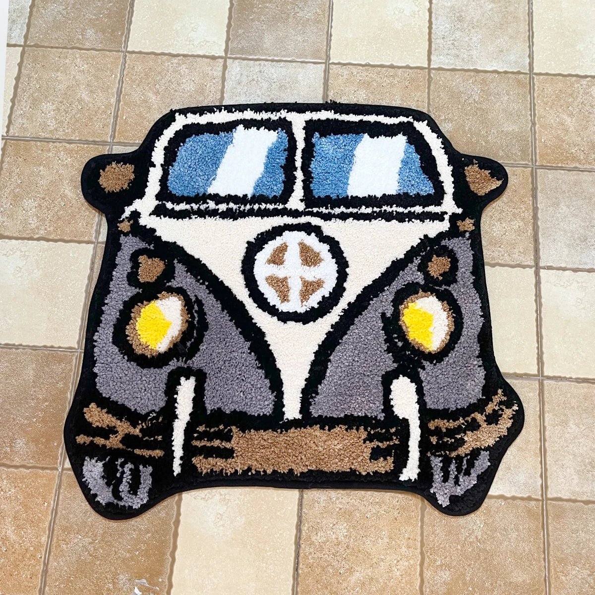 Grey and White Tufted Cartoon Campervan Rug - TheRugGuy