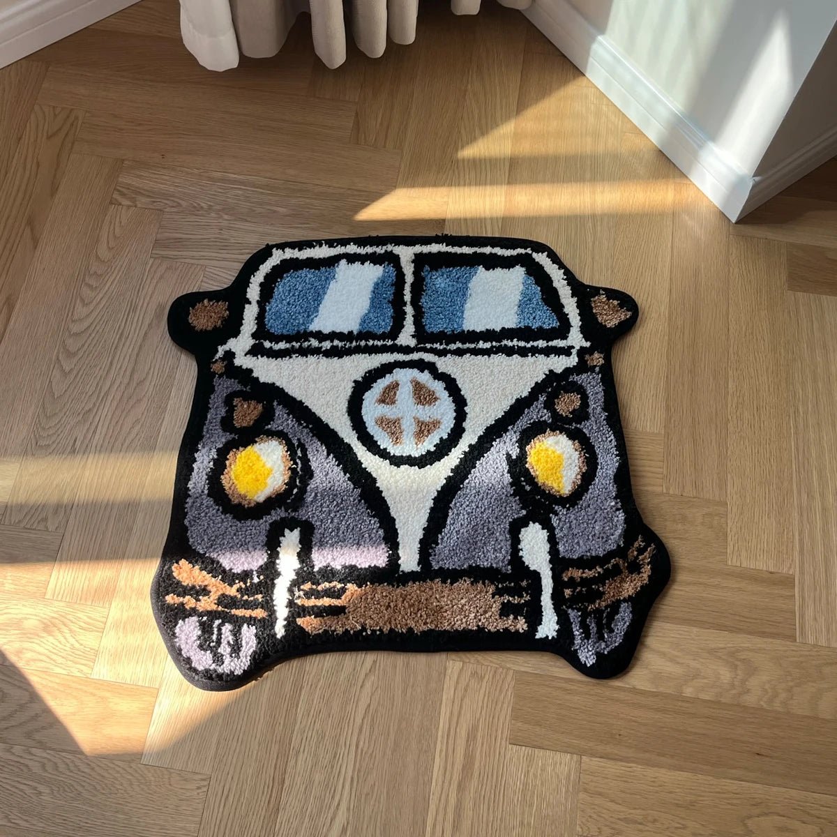 Grey and White Tufted Cartoon Campervan Rug - TheRugGuy