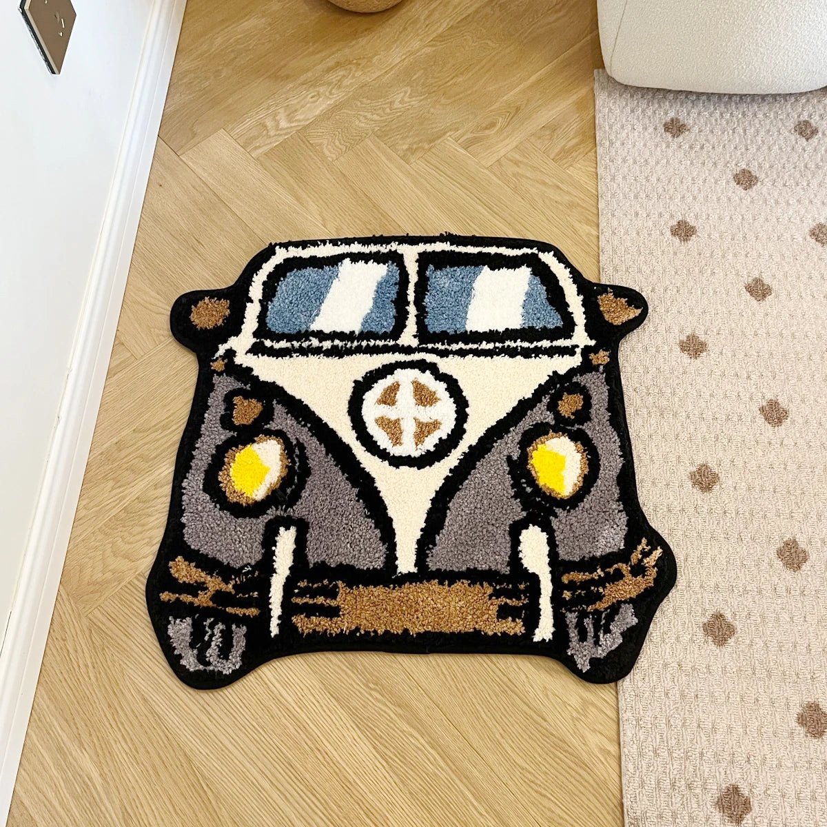 Grey and White Tufted Cartoon Campervan Rug - TheRugGuy