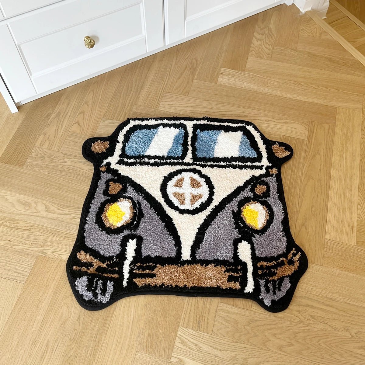 Grey and White Tufted Cartoon Campervan Rug - TheRugGuy