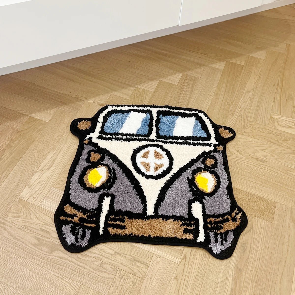 Grey and White Tufted Cartoon Campervan Rug - TheRugGuy