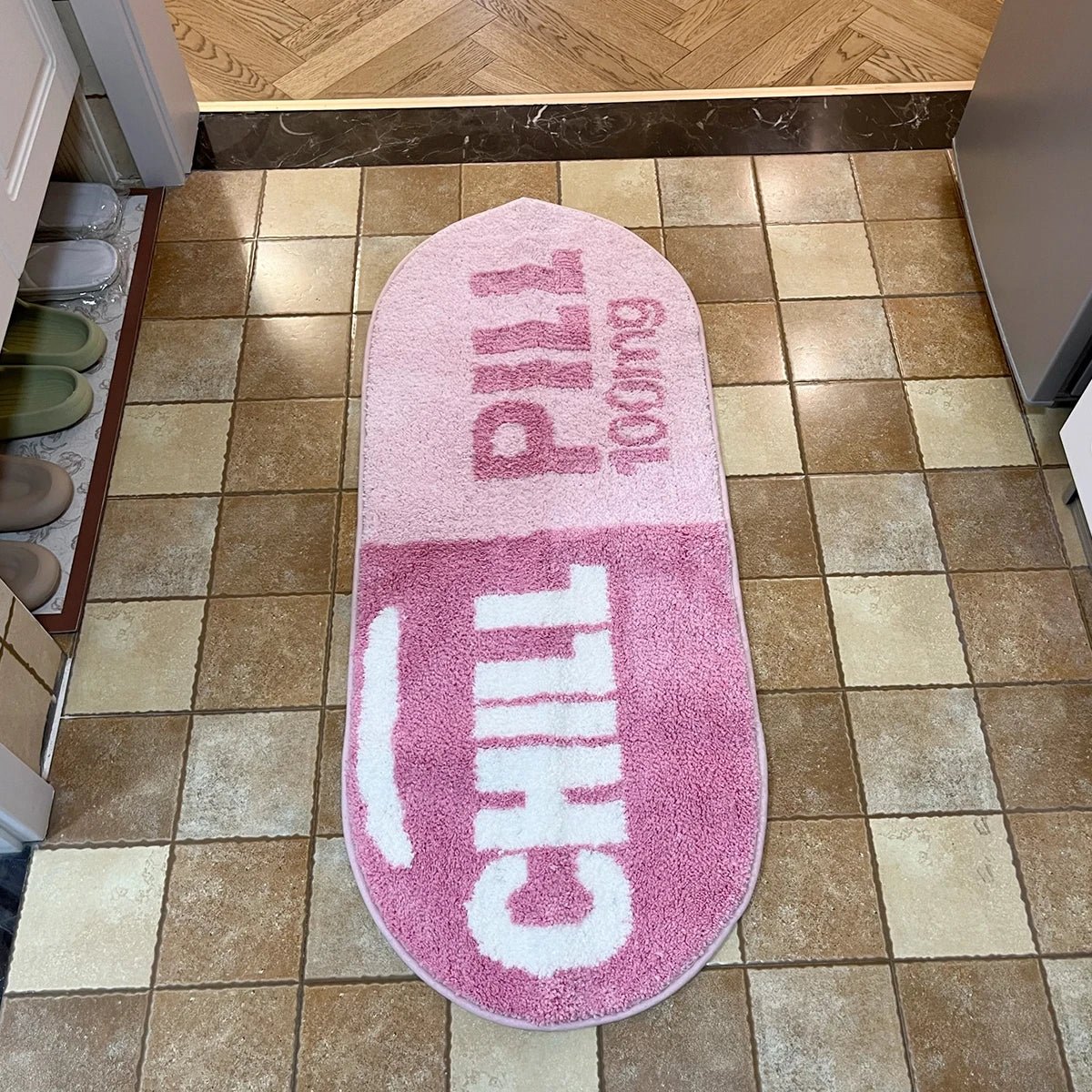 Pink and White Tufted Cartoon "Chill Pill" Rug - TheRugGuy