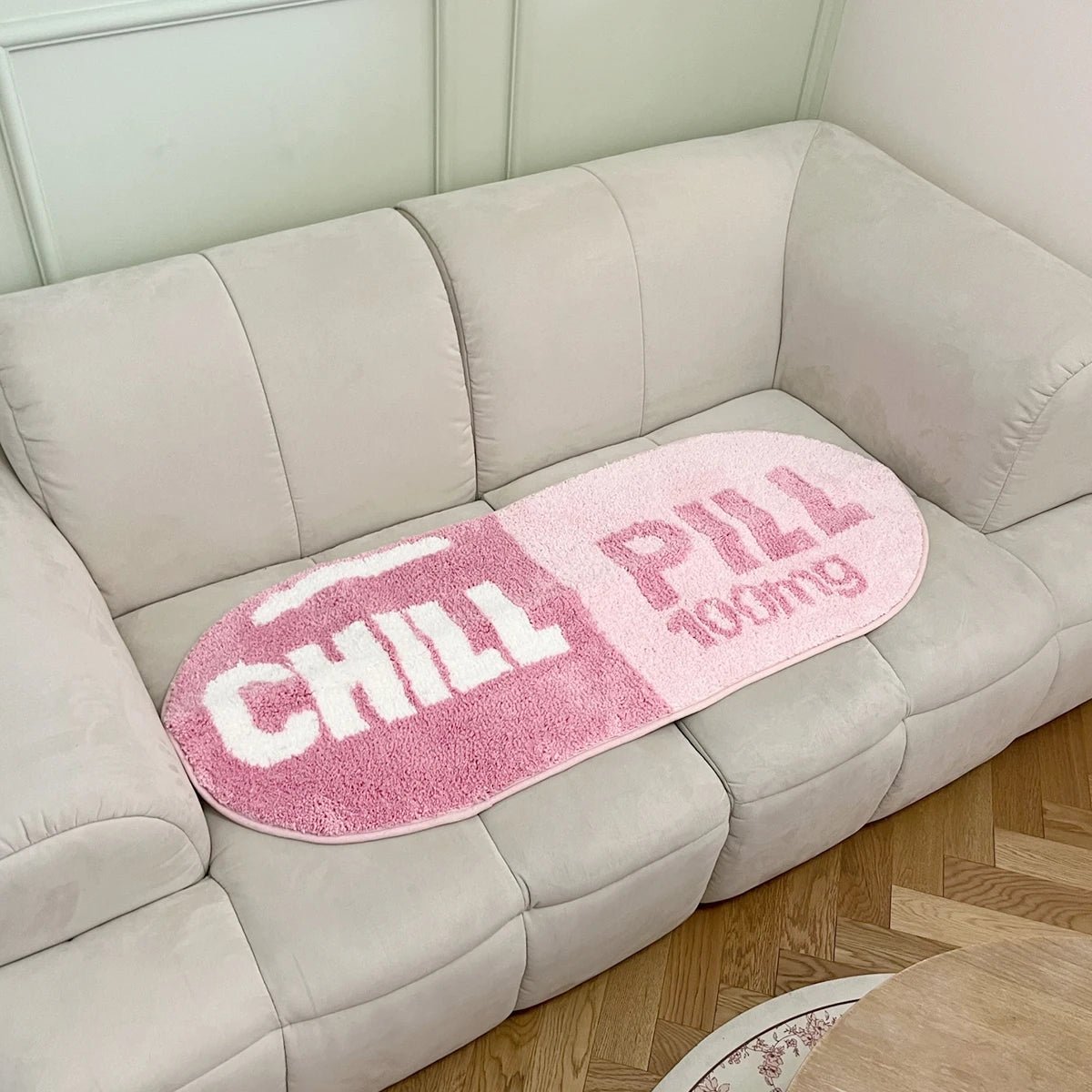 Pink and White Tufted Cartoon "Chill Pill" Rug - TheRugGuy