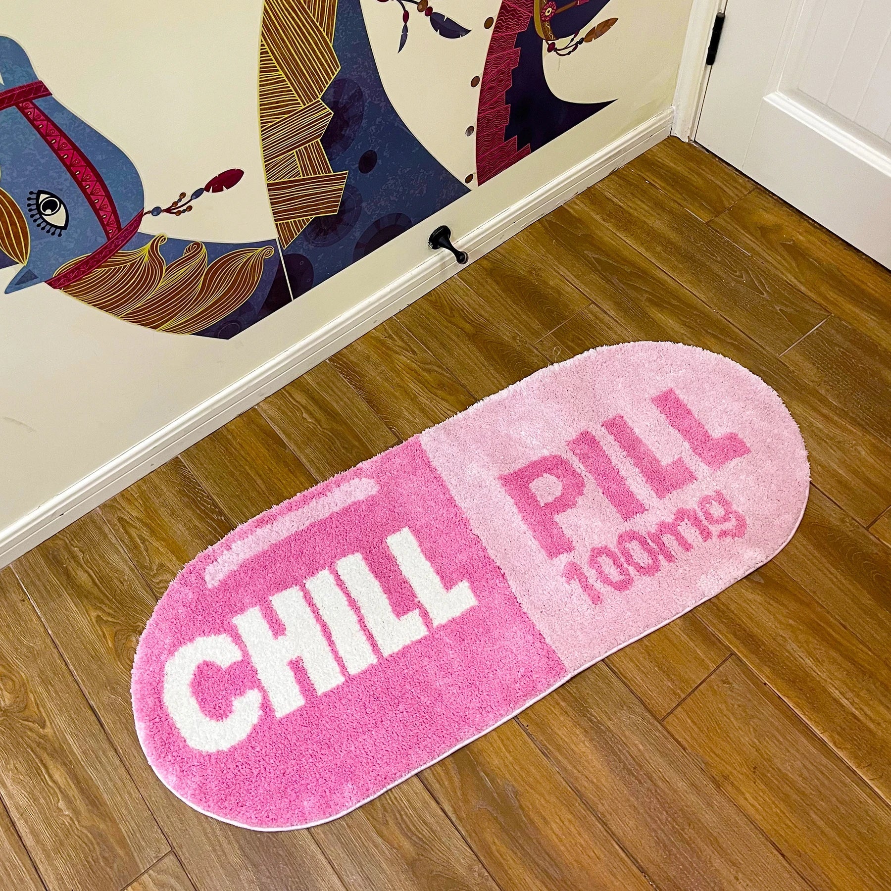 Pink and White Tufted Cartoon "Chill Pill" Rug - TheRugGuy