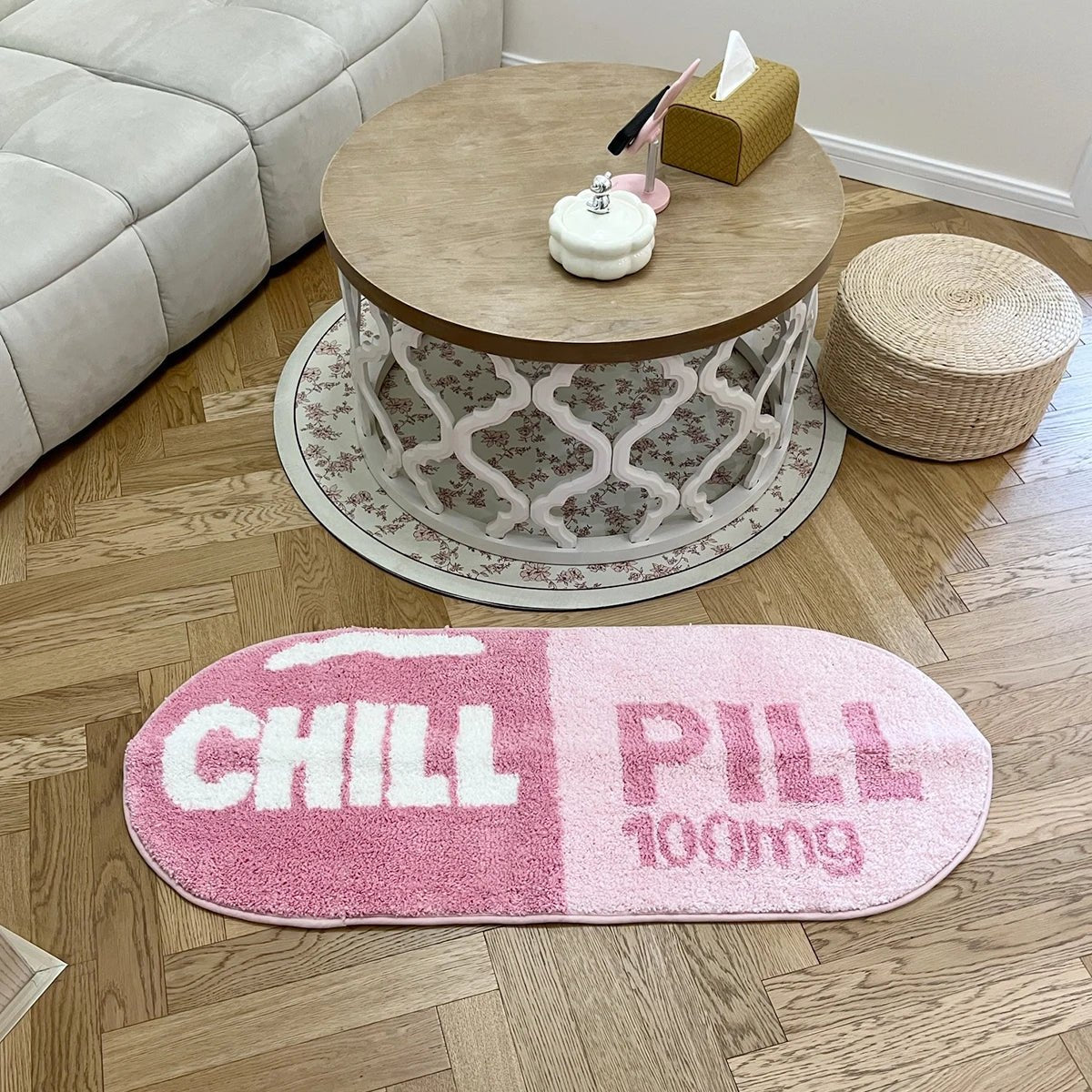 Pink and White Tufted Cartoon "Chill Pill" Rug - TheRugGuy