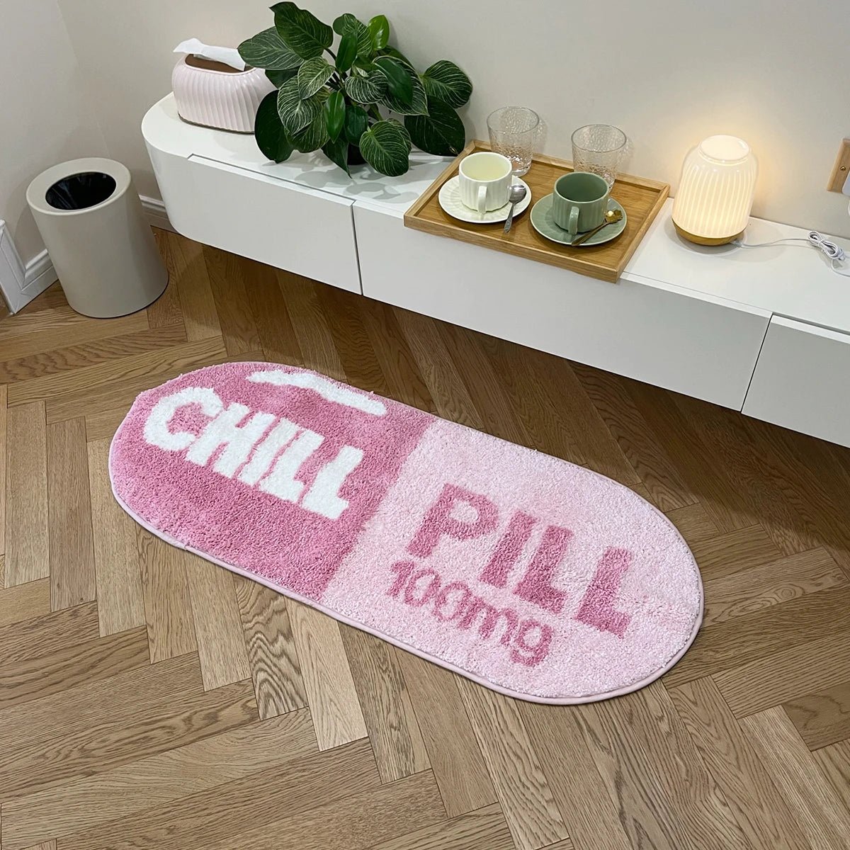 Pink and White Tufted Cartoon "Chill Pill" Rug - TheRugGuy