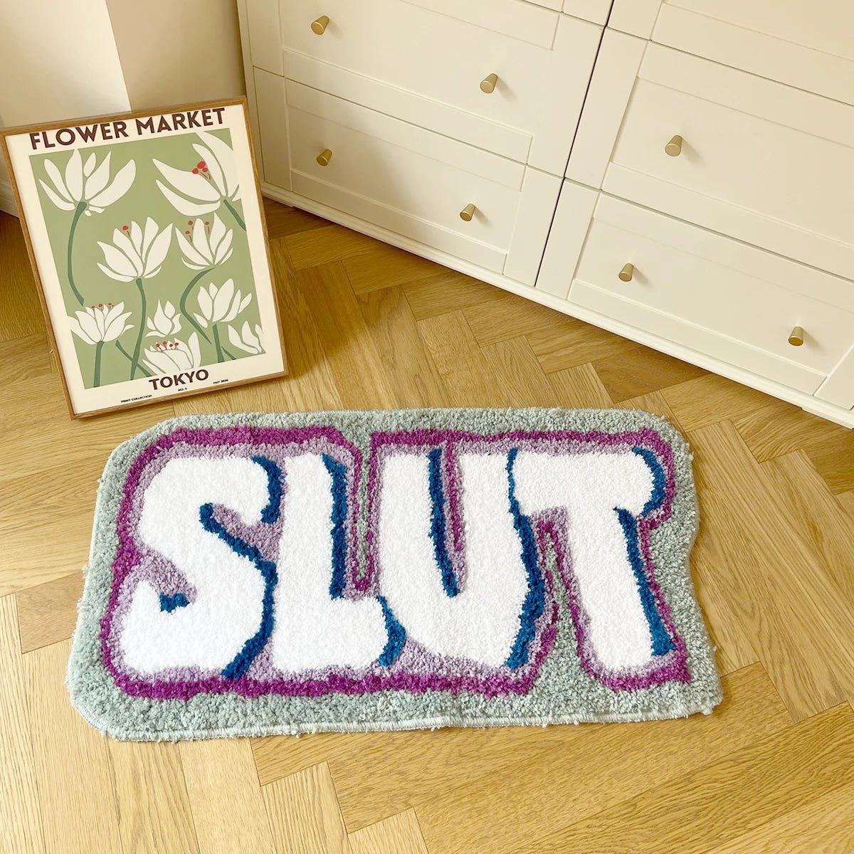 Purple and White Tufted "Sl*T" Quote Rug - TheRugGuy