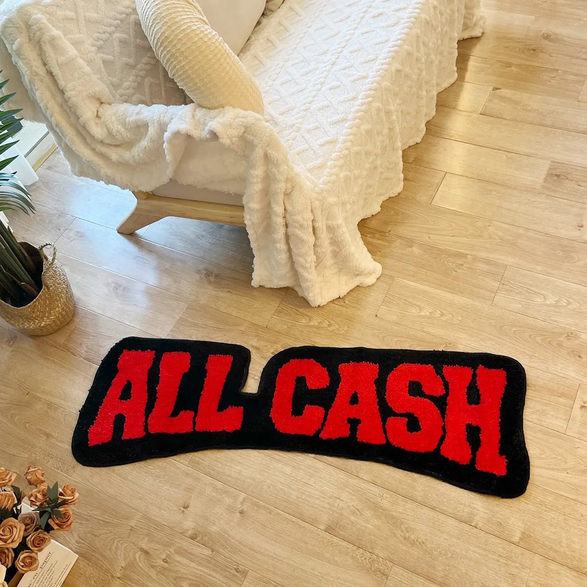 Red and Black Tufted "All Cash" Quote Rug - TheRugGuy