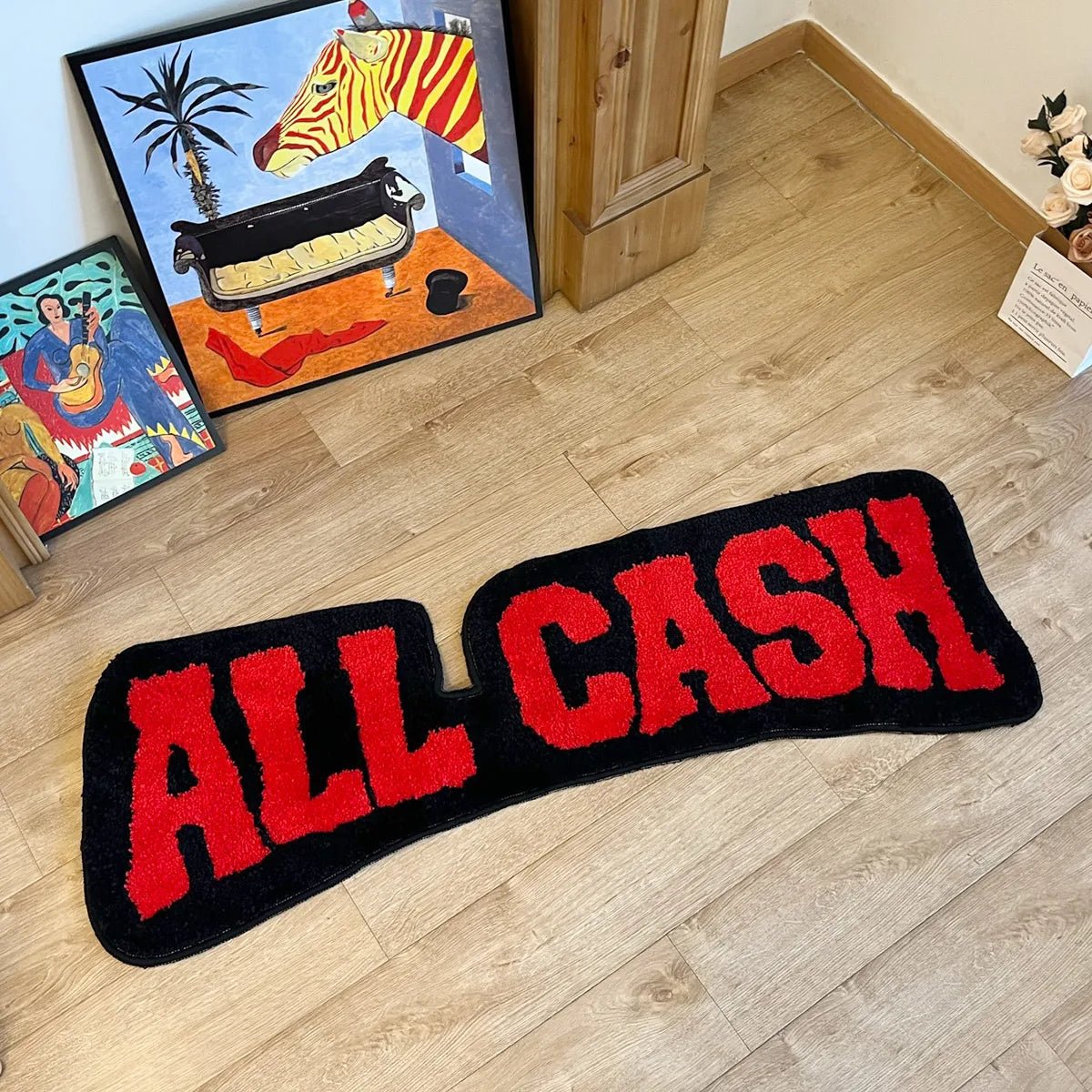 Red and Black Tufted "All Cash" Quote Rug - TheRugGuy