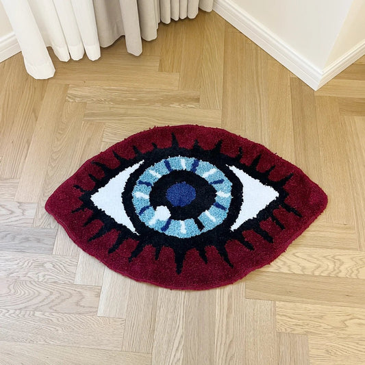 Red and Blue Tufted "Evil Eye" Rug - TheRugGuy