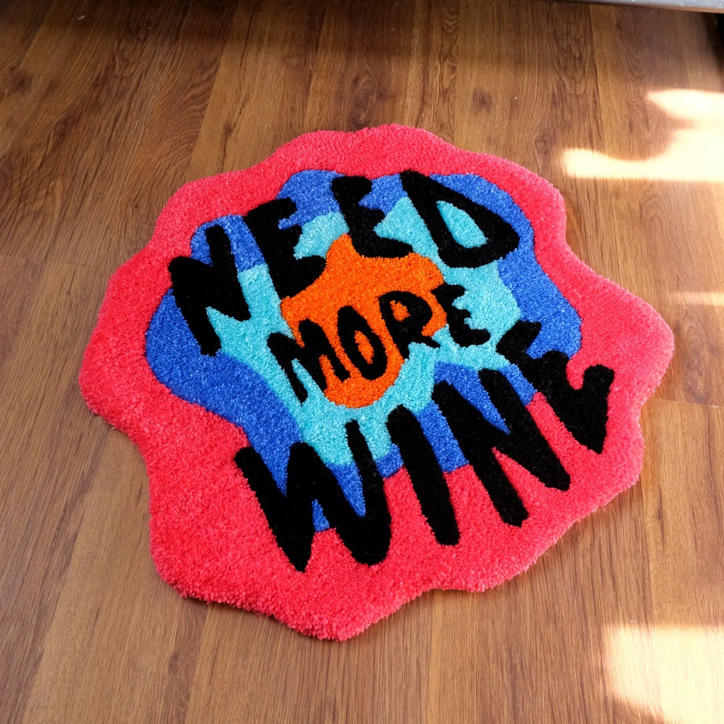 Red and Blue Tufted "Need More Wine" Quote Rug - TheRugGuy