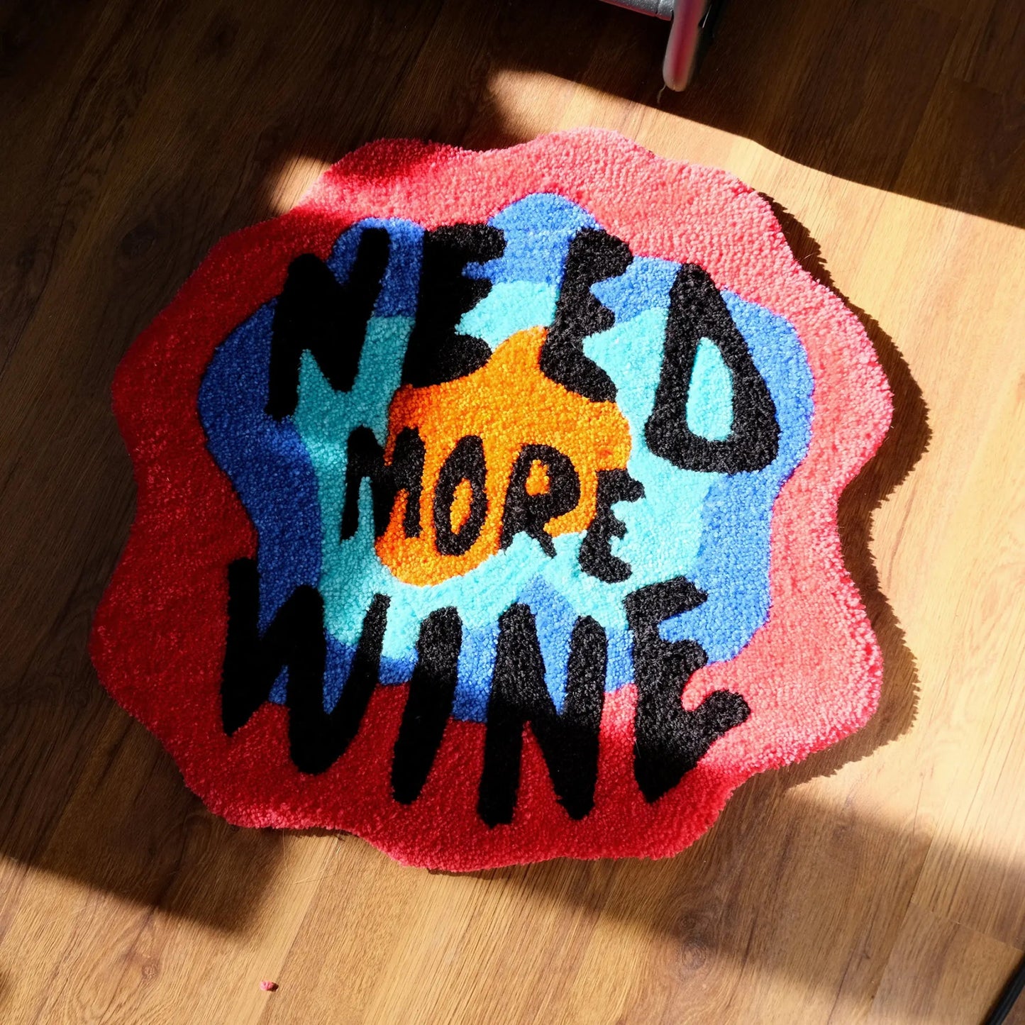 Red and Blue Tufted "Need More Wine" Quote Rug - TheRugGuy