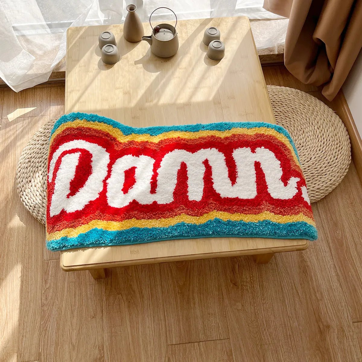 Red and White Tufted "Damm" Quote Rug - TheRugGuy