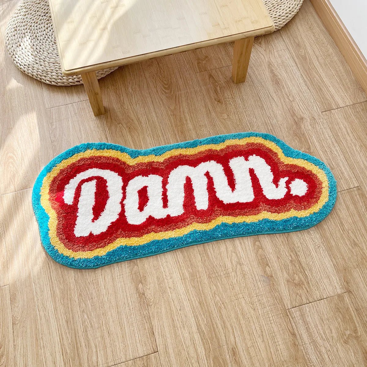 Red and White Tufted "Damm" Quote Rug - TheRugGuy