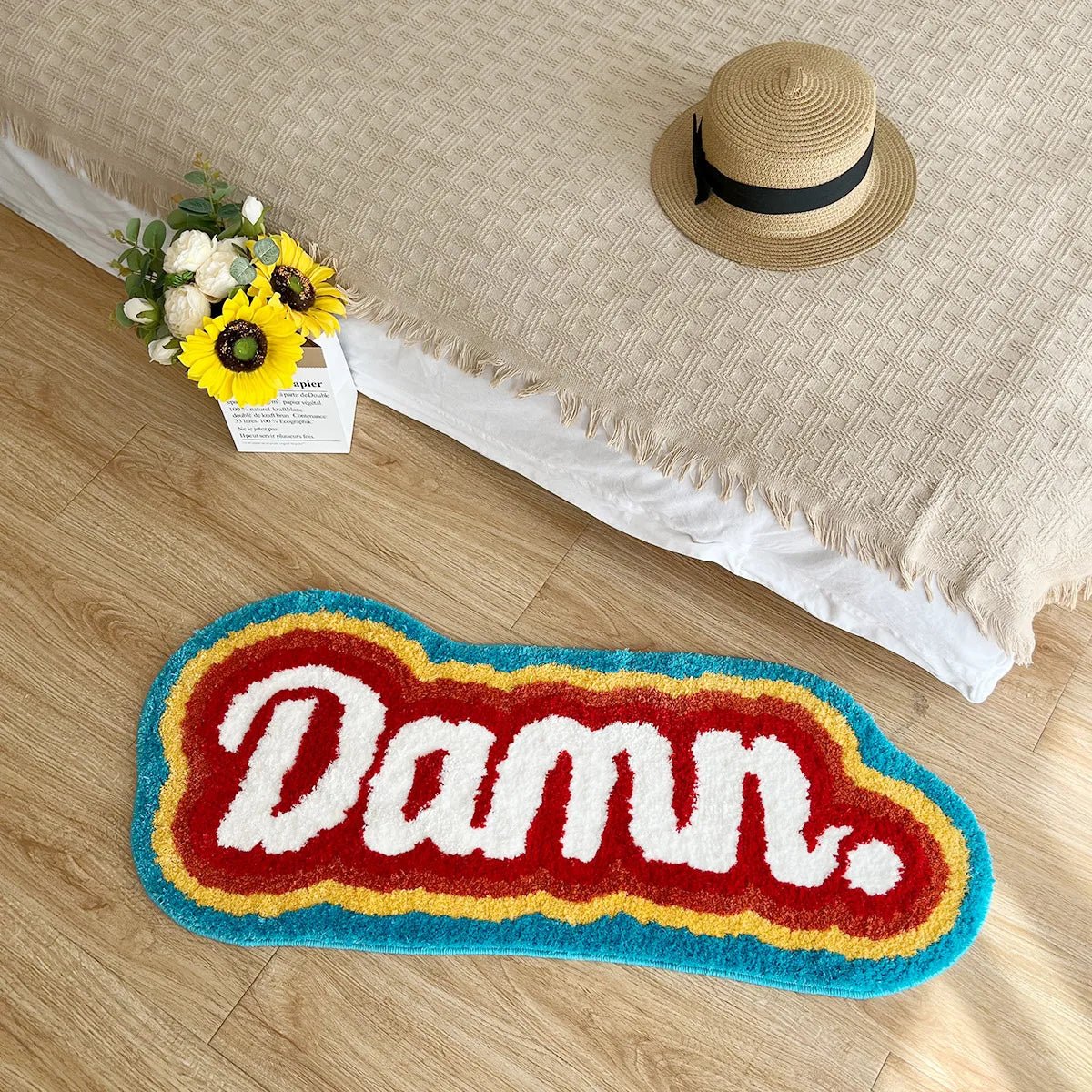 Red and White Tufted "Damm" Quote Rug - TheRugGuy