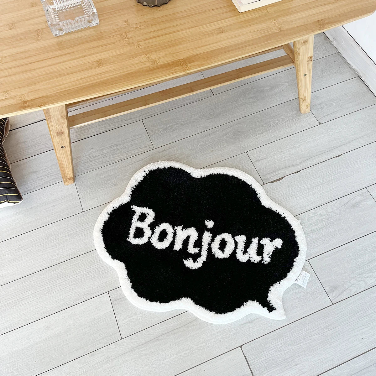 White and Black Tufted "Bonjour" Quote rug - TheRugGuy