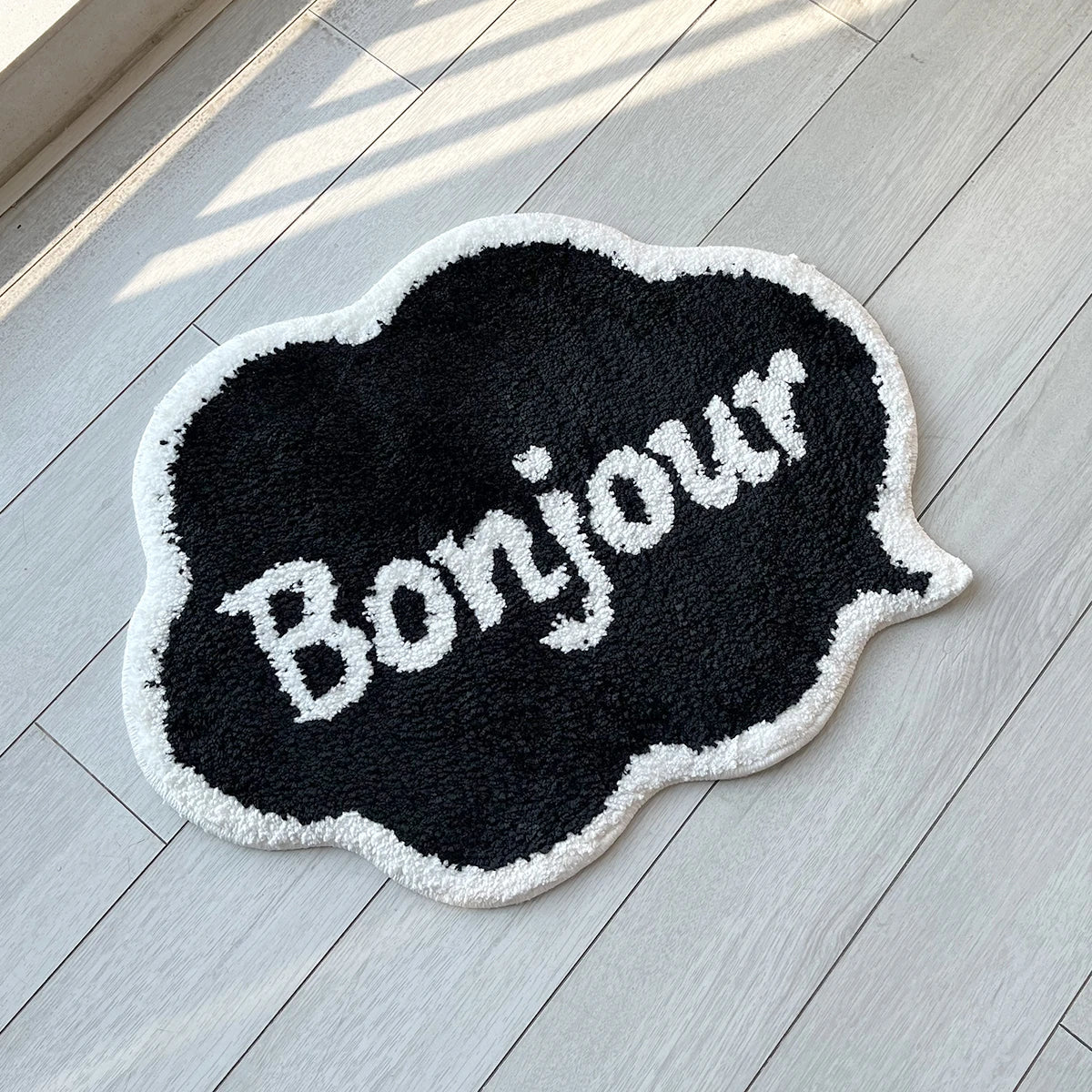 White and Black Tufted "Bonjour" Quote rug - TheRugGuy