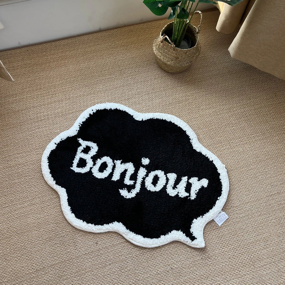 White and Black Tufted "Bonjour" Quote rug - TheRugGuy