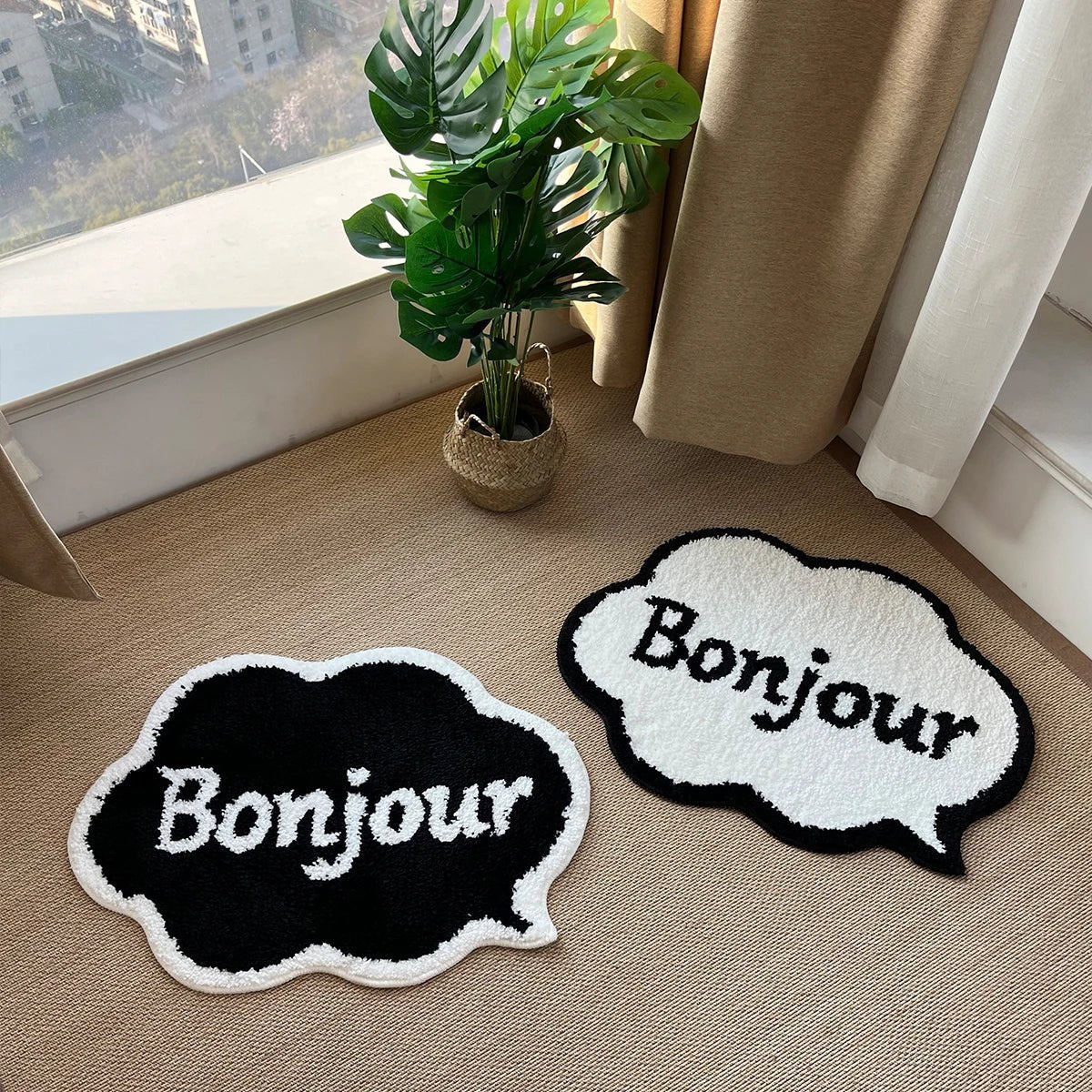 White and Black Tufted "Bonjour" Quote rug - TheRugGuy