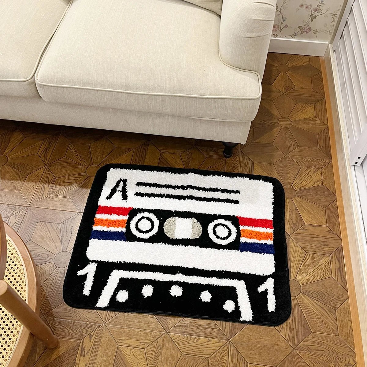 White and Black Tufted "Retro Cassette Tape" Rug - TheRugGuy