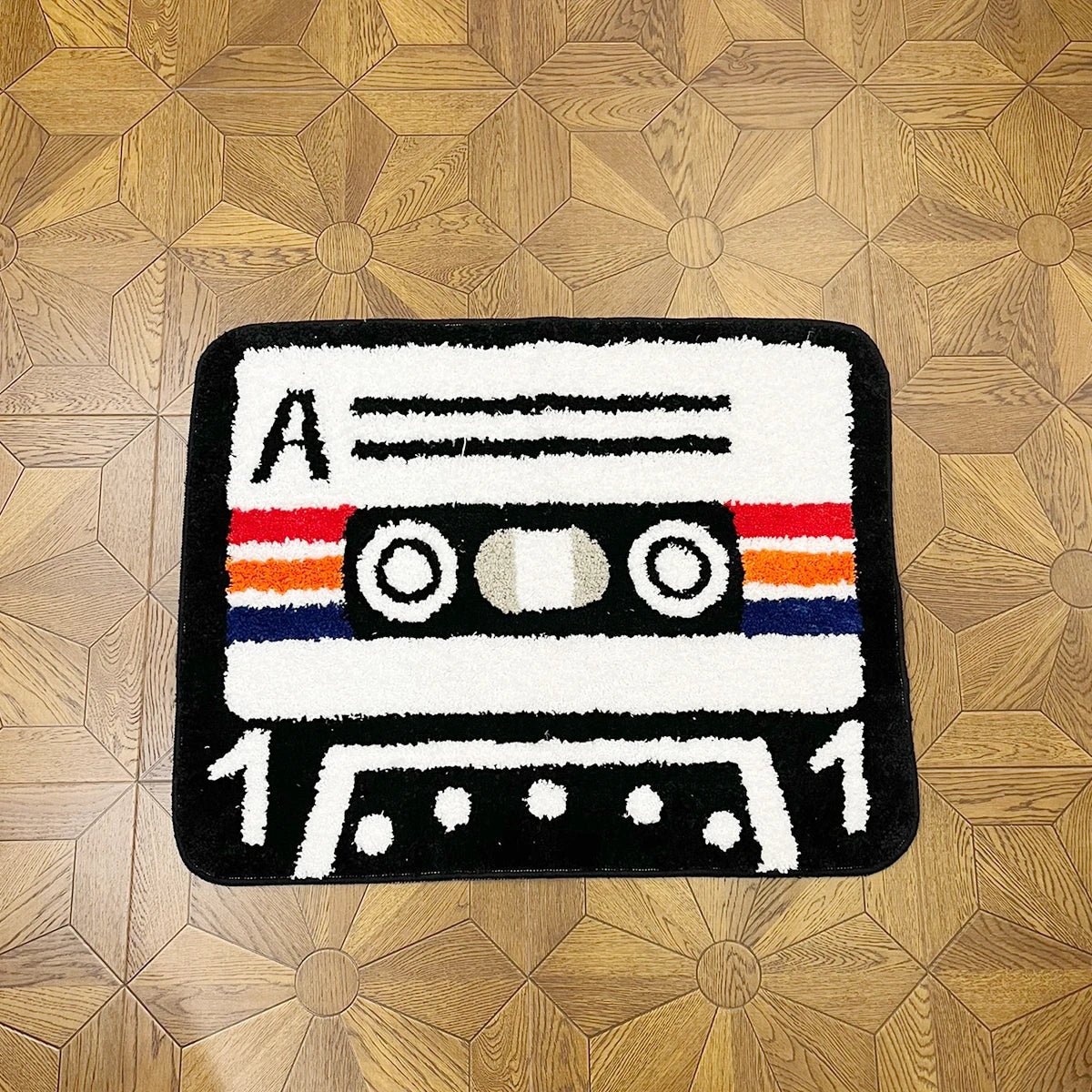 White and Black Tufted "Retro Cassette Tape" Rug - TheRugGuy