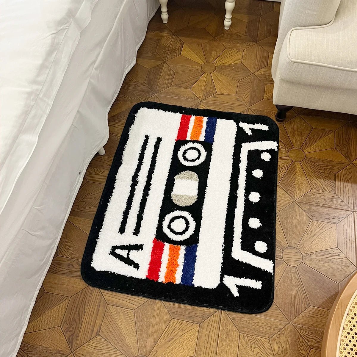 White and Black Tufted "Retro Cassette Tape" Rug - TheRugGuy