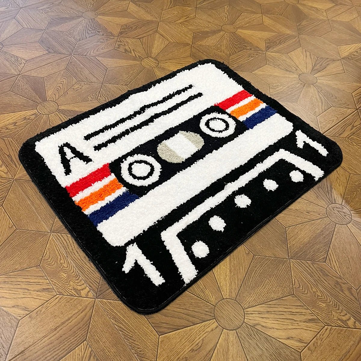 White and Black Tufted "Retro Cassette Tape" Rug - TheRugGuy