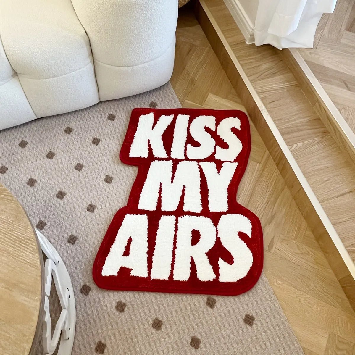 White and Red Tufted " Nike Air Jordan Kiss My Airs" Quote Rug - TheRugGuy