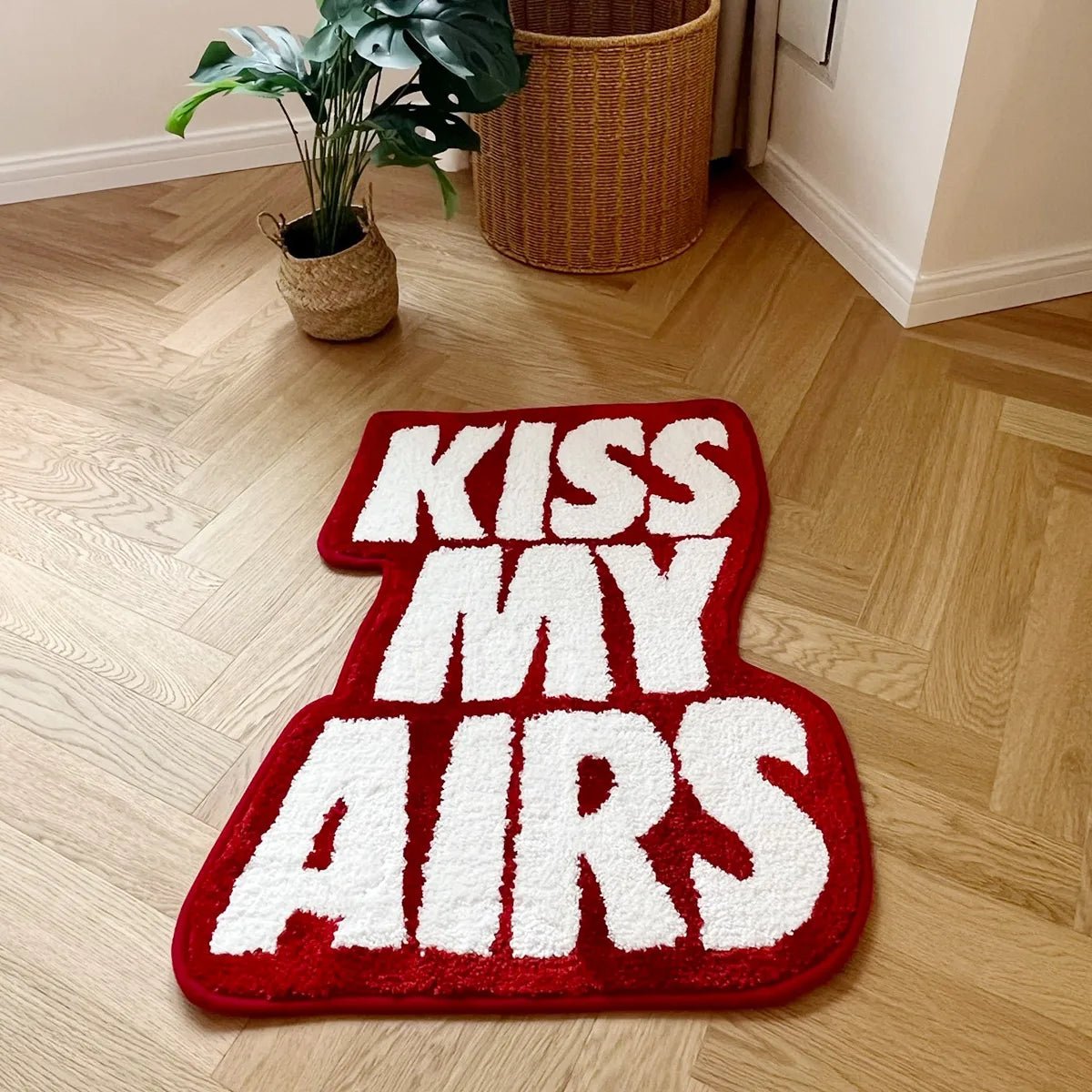 White and Red Tufted " Nike Air Jordan Kiss My Airs" Quote Rug - TheRugGuy