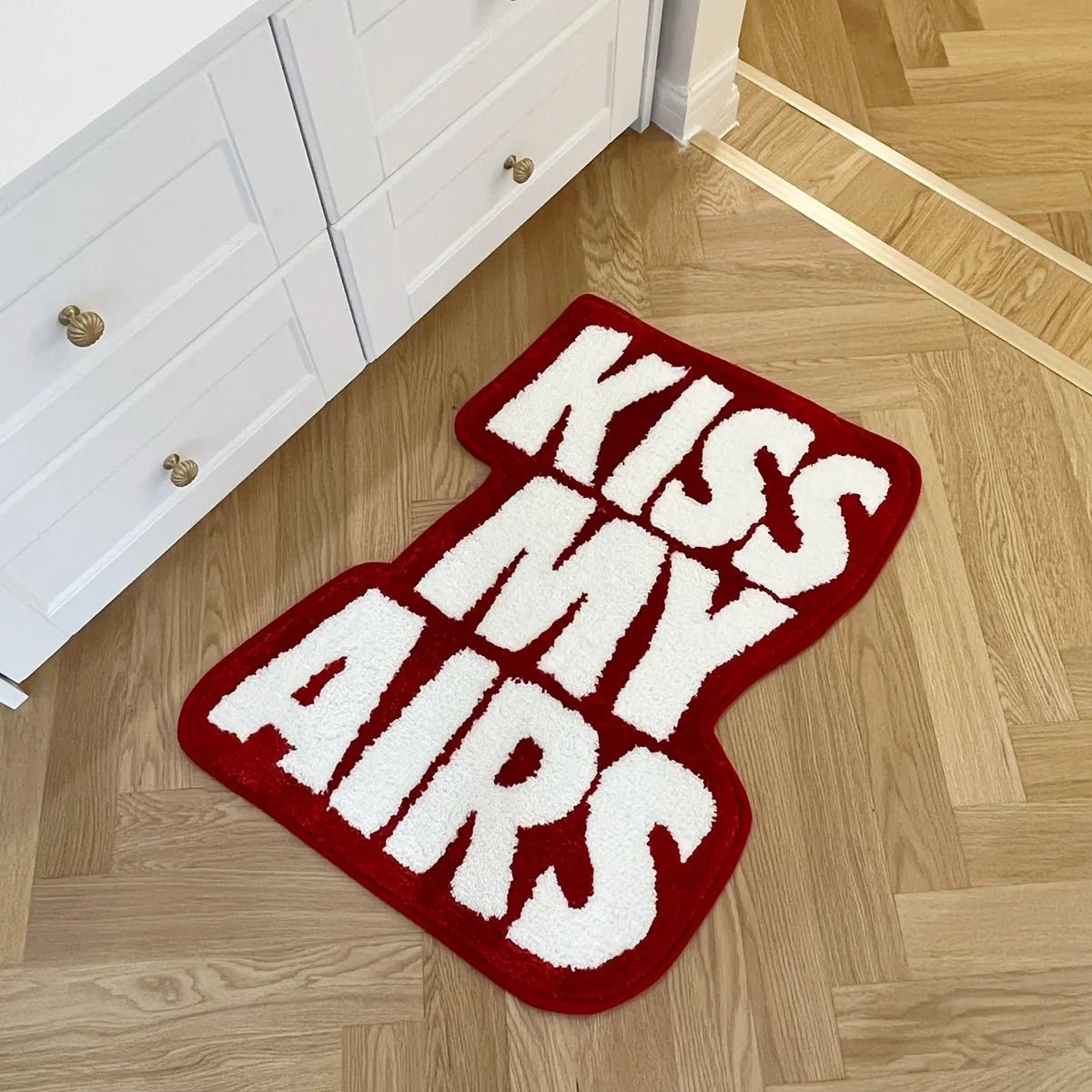 White and Red Tufted " Nike Air Jordan Kiss My Airs" Quote Rug - TheRugGuy