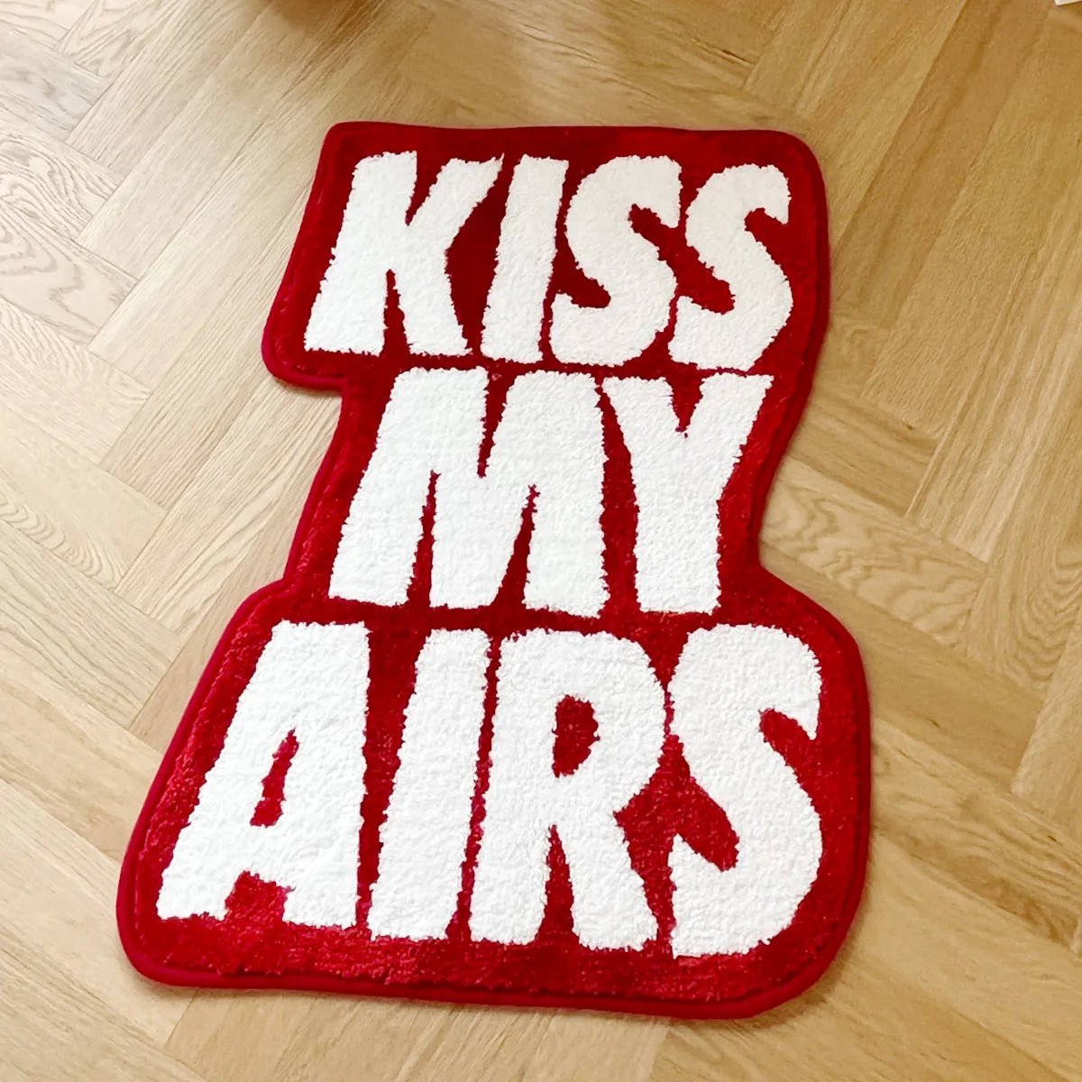 White and Red Tufted " Nike Air Jordan Kiss My Airs" Quote Rug - TheRugGuy