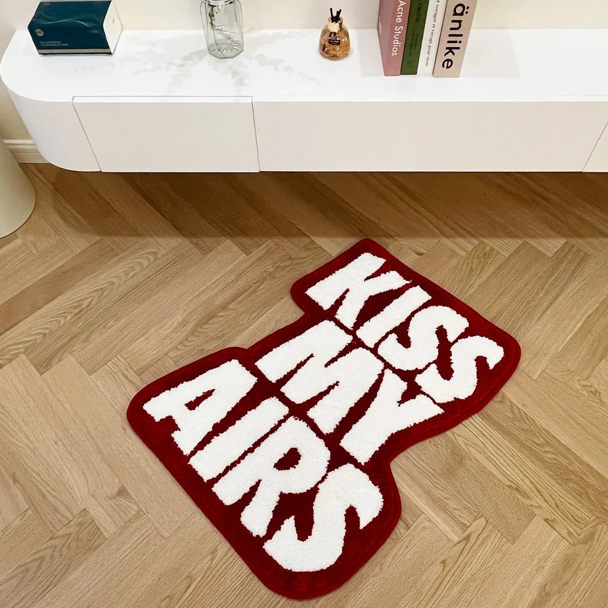 White and Red Tufted " Nike Air Jordan Kiss My Airs" Quote Rug - TheRugGuy