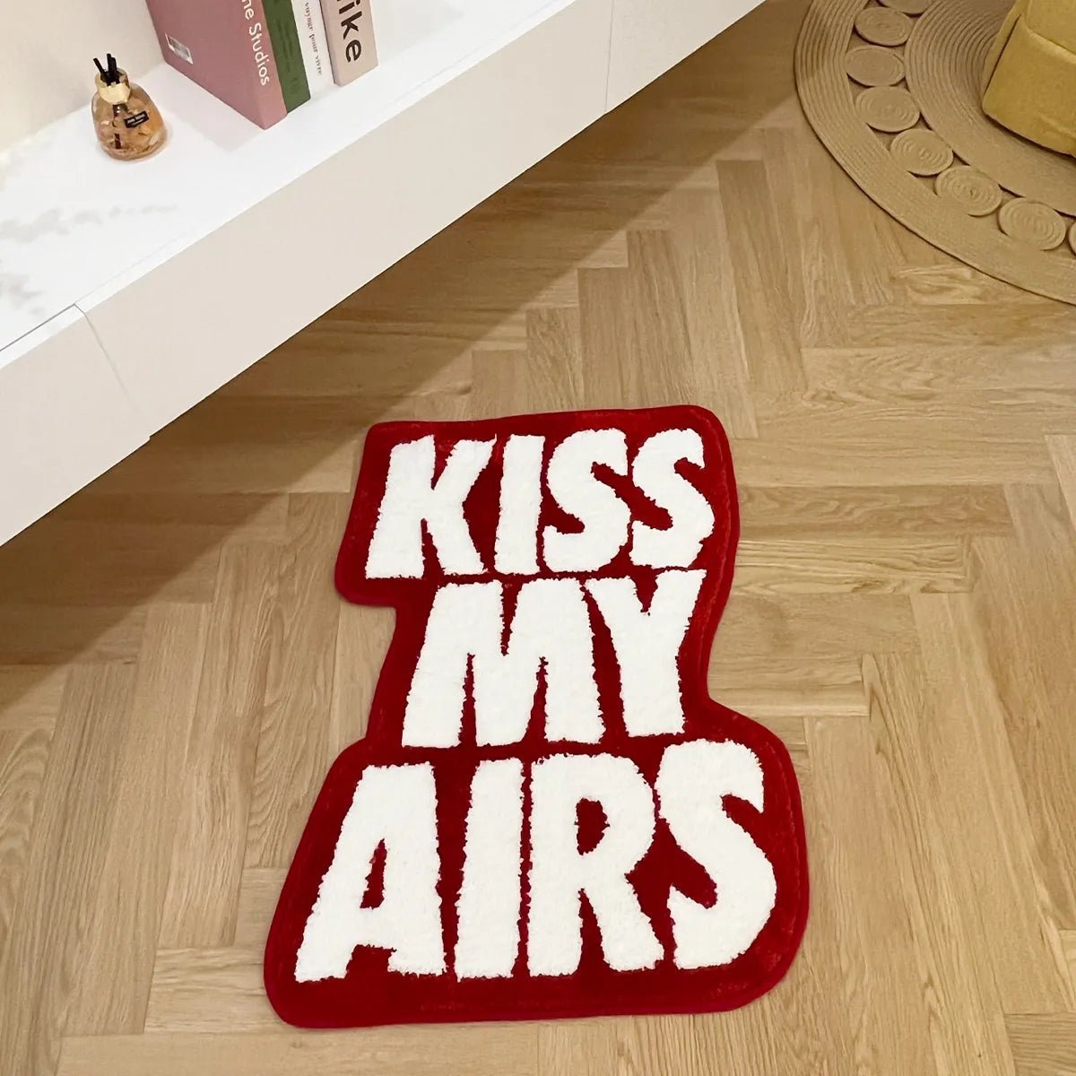 White and Red Tufted " Nike Air Jordan Kiss My Airs" Quote Rug - TheRugGuy